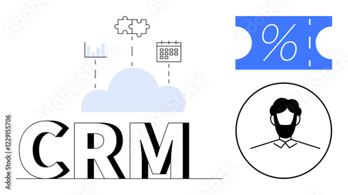 Large CRM text, cloud with analytics, puzzle, calendar icons above, a discount coupon, and a user profile icon. Ideal for customer relationship management, sales strategy, marketing business