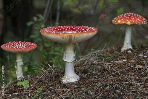 Fly agarics group (Amanita muscaria) on forest soil, toxic, Syddanmark, Denmark, Europe