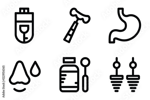 Medical and Healthcare Line Icons – Blood Bag, Reflex Hammer, Stomach, Runny Nose, Medicine Bottle, Hair Follicles