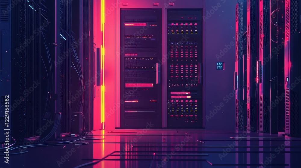 Obraz premium Futuristic Server Room with Neon Lights and High-Tech Equipment