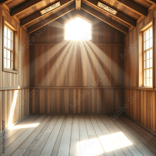 Sunlight streams through high windows into an empty rustic wooden room, creating a warm, inviting atmosphere full of simplicity, peace, and natural beauty. photo