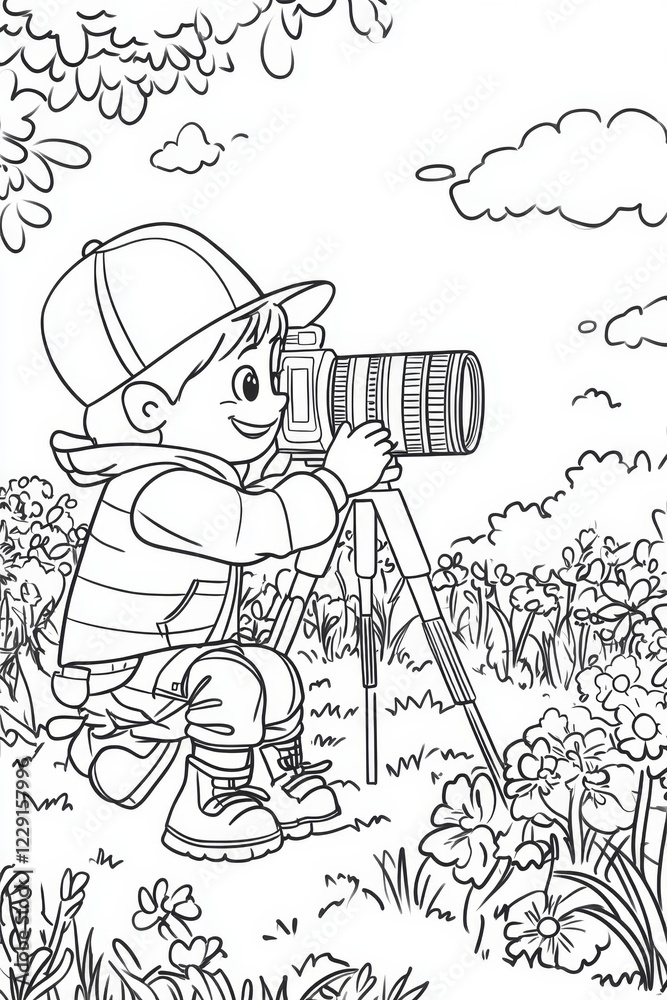 Fototapeta premium Child Photographer in Nature . Children coloring page