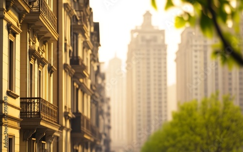 Urban landscape showcasing elegant building at sunrise with greenery in the foreground and skyscrapers behind