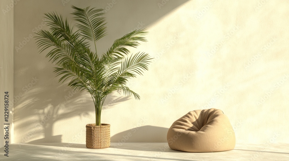 Obraz premium Beige Beanbag Chair and Potted Palm Plant in a Minimalist Room