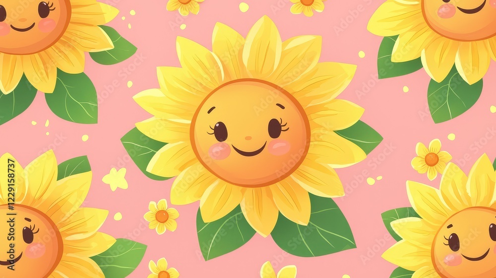 Cute Sunflower Pattern with Smiling Faces on Pink Background Cute Sunflower Pattern with Smiling Faces on Pink Background