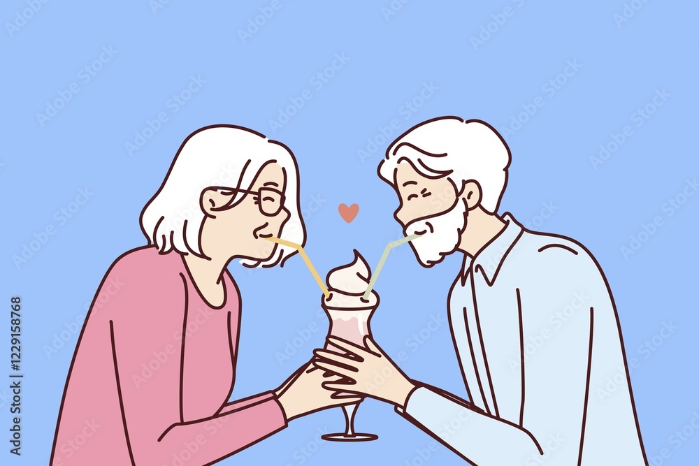 Elderly romantic couple drinking cocktail from straws together enjoying retirement and dating on eve of february 14th Valentine day. Romantic grandparents show love between elderly Elderly romantic couple drinking cocktail from straws together enjoying retirement and dating on eve of february 14th Valentine day. Romantic grandparents show love between elderly