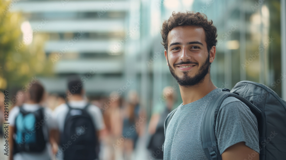 Fototapeta premium happy young man smiles confidently in urban setting, surrounded by fellow students. His casual attire and backpack suggest vibrant campus life