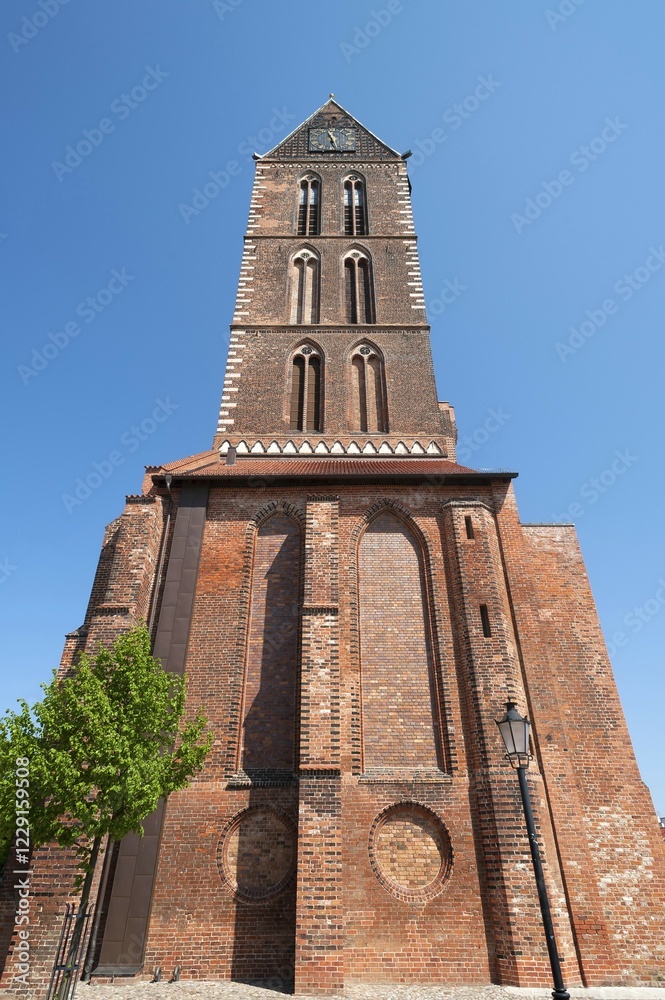 Fototapeta premium Tower of St. Mary, Gothic brick building, 14th century, Wismar, Mecklenburg-Western Pomerania, Germany, Europe