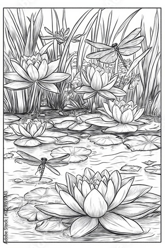 Beautiful Black and White Lotus Pond Coloring Page . Children coloring page photo