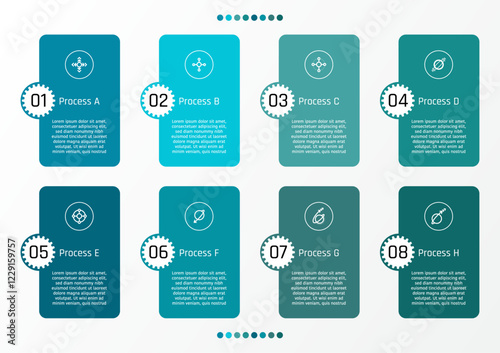 8 options business infographic template, rounded corner rectangle with gear in circle frame, also with symbol and text frame