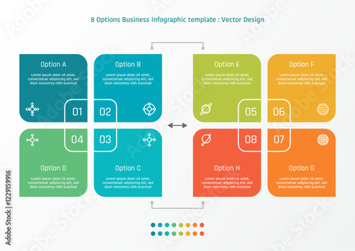 8 options business infographic template, theme of 2 sets of colorful rounded corner square with number and symbols