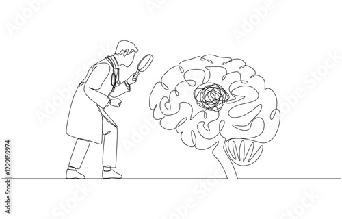 Continuous one line drawing of psychiatrist looks at tangled line in brain with magnifying glass, psychiatric diagnosis, mental health issue concept, single line art