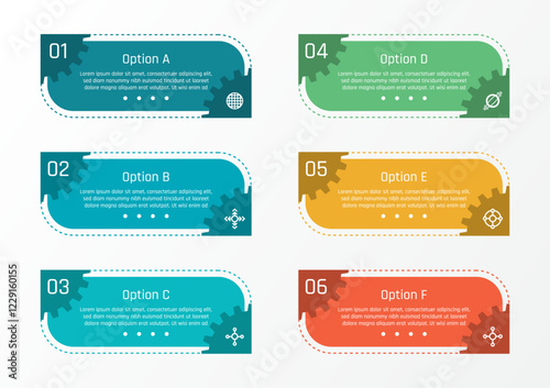 6 options business infographic template, theme of colorful rectangle bar with a quarter of gear shape at two opposite corners