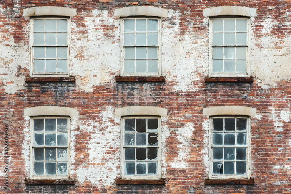 Aged brick building with six old windows in weathered architecture Aged brick building with six old windows in weathered architecture