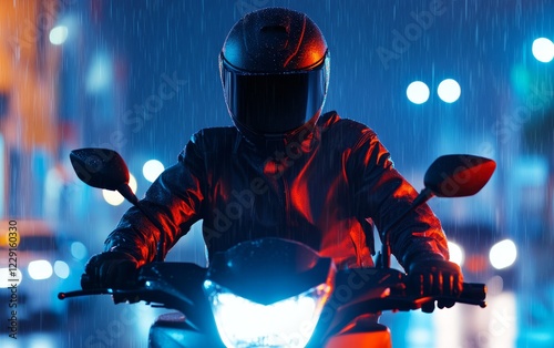 Nighttime rider on a motorcycle under rain, illuminated by city light, creating a dynamic urban scene