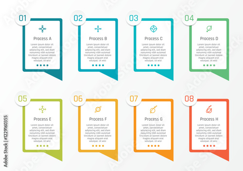 8 options business infographic template, theme of rectangular bubble speech with symbols and text frame, also with number in circle frame
