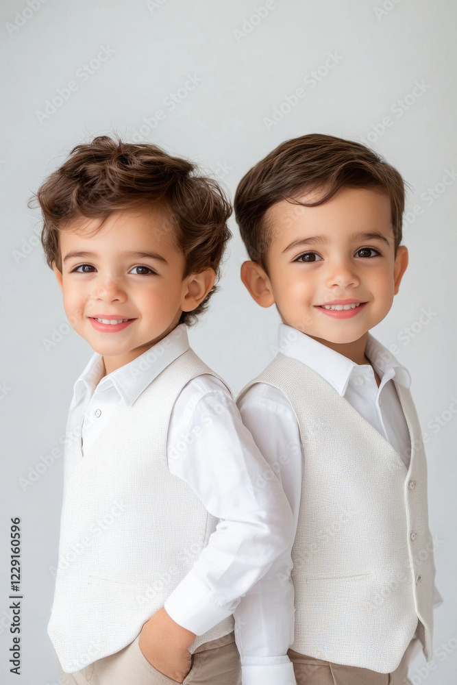 hispanic identical boy twins with the same face wearing white color vests. Standing back to back with a smile hispanic identical boy twins with the same face wearing white color vests. Standing back to back with a smile