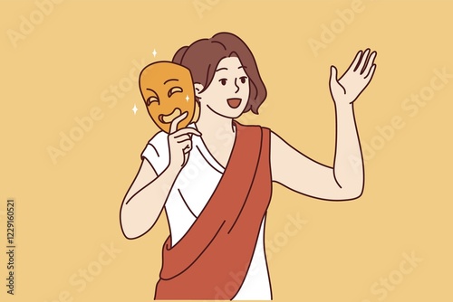 Woman actor in antique clothing holds mask for theatrical production and performs monologue in front of audience. Girl actress rehearsing theatrical performance about ancient greek life and traditions