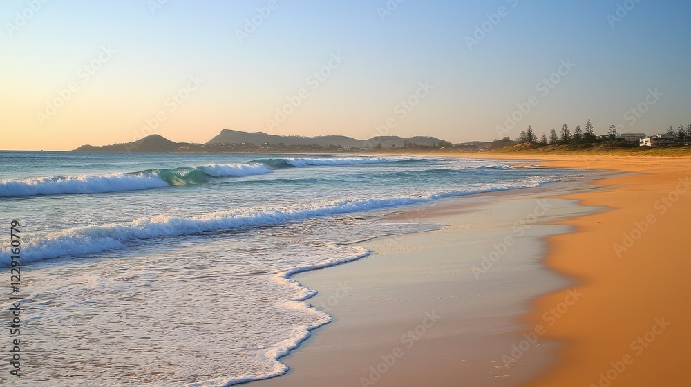 Fototapeta premium Serene waves lapping sandy beach sunrise coastal landscape tranquil environment peaceful view