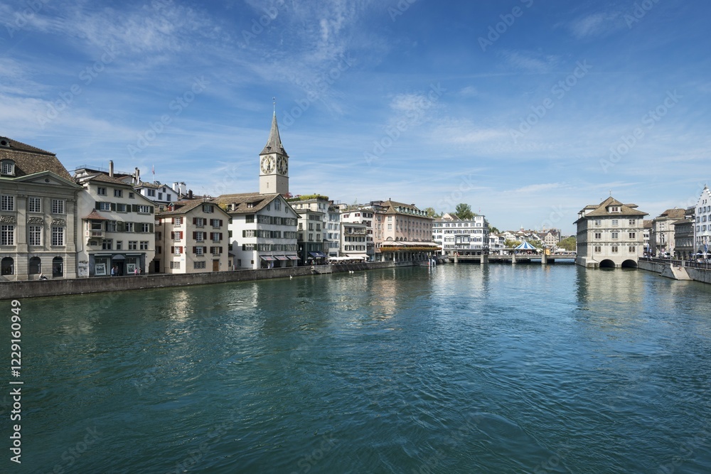 View of the Limmat river with the old town promenade, Zurich, Canton Zurich, Switzerland, Europe View of the Limmat river with the old town promenade, Zurich, Canton Zurich, Switzerland, Europe