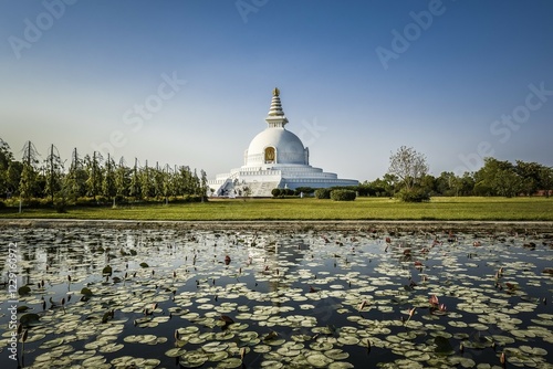 Japanese Peace Pagoda, one of the many international Buddhist temples surrounding the birthplace of Buddha Siddhartha Gautama, Lumbini, Rupandehi, Nepal, Asia
