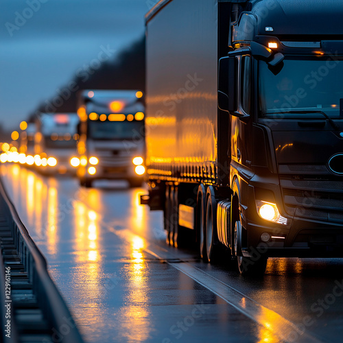 Cargo trucks power through night carrying essential goods, cargo movement keeping industries supplied, cargo transport ensuring non-stop flow of products across illuminated roads.