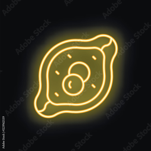 Yellow neon light glowing on black background representing a traditional dish from georgian cuisine, the khachapuri