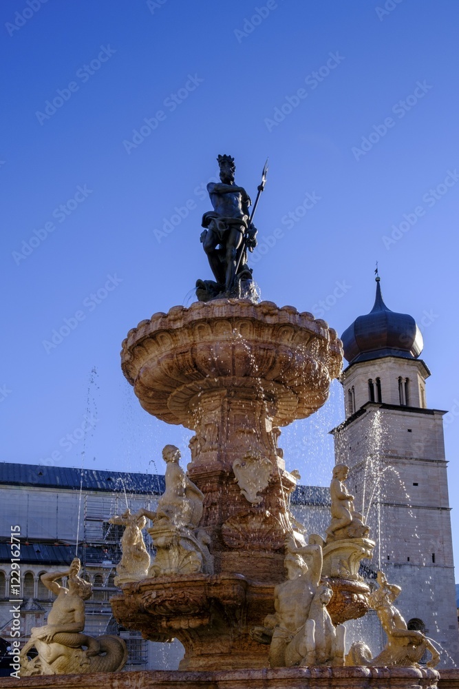 Fototapeta premium Piazza del Duomo, with Neptune Fountain, Fontana del Nettuno, Trento, Trentino, Italy, Europe