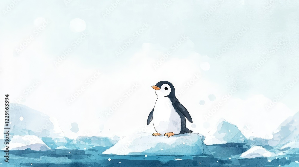 Obraz premium Cute Cartoon Penguin on Ice Floating in a Calm Blue Ocean