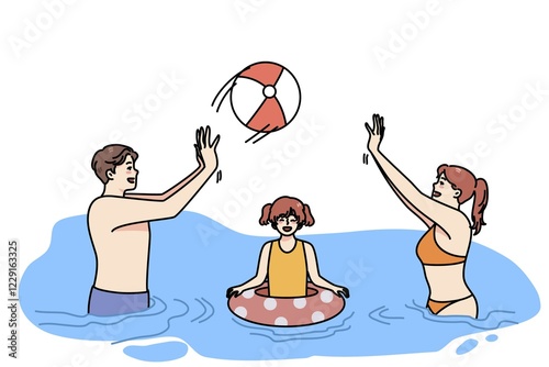 Overjoyed young family with happy child have fun in water on summer vacations. Smiling parents play ball enjoy holidays with daughter on resort. Summertime travel. illustration
