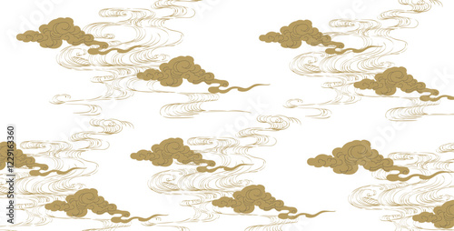 Japanese background with hand drawn line wave pattern with Chinese cloud elements vector. Abstract template with geometric pattern. Ocean sea backdrop layout design in oriental style. 