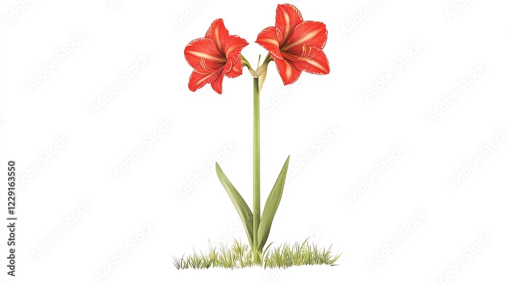 Vibrant red amaryllis flowers with green leaves set against a white background, perfect for decorating spaces and adding a touch of nature to any design. Vibrant red amaryllis flowers with green leaves set against a white background, perfect for decorating spaces and adding a touch of nature to any design.