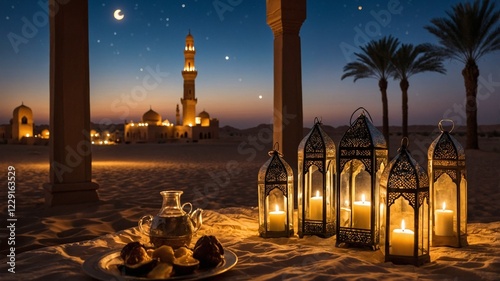 Ramadan Sunset in the Desert with Lanterns, Iftar and Golden Dunes.