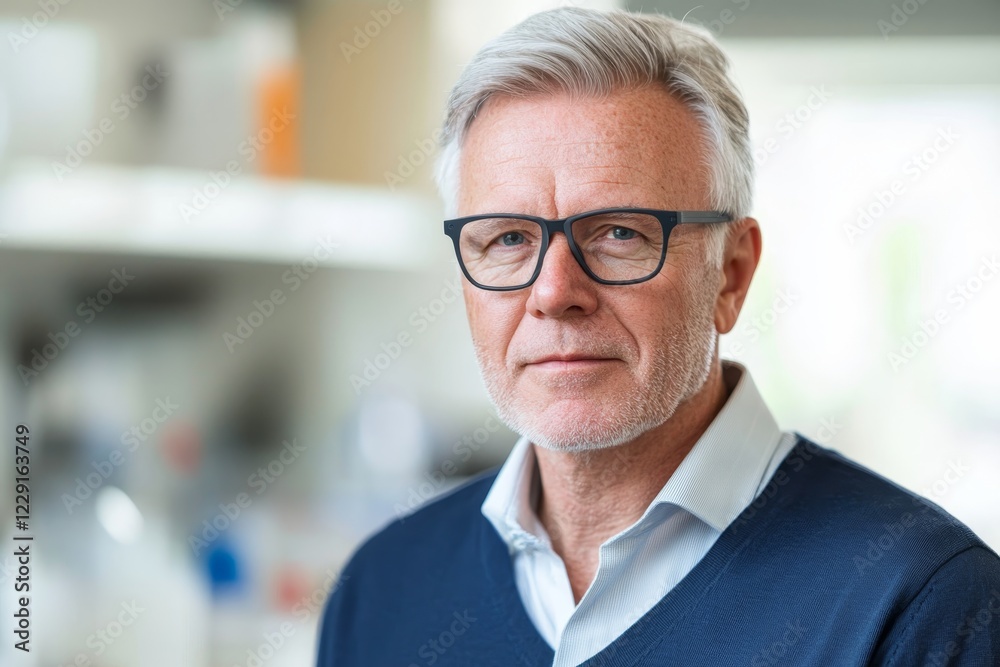 Senior man in glasses smiling warmly while standing in a bright office environment with modern decor Senior man in glasses smiling warmly while standing in a bright office environment with modern decor