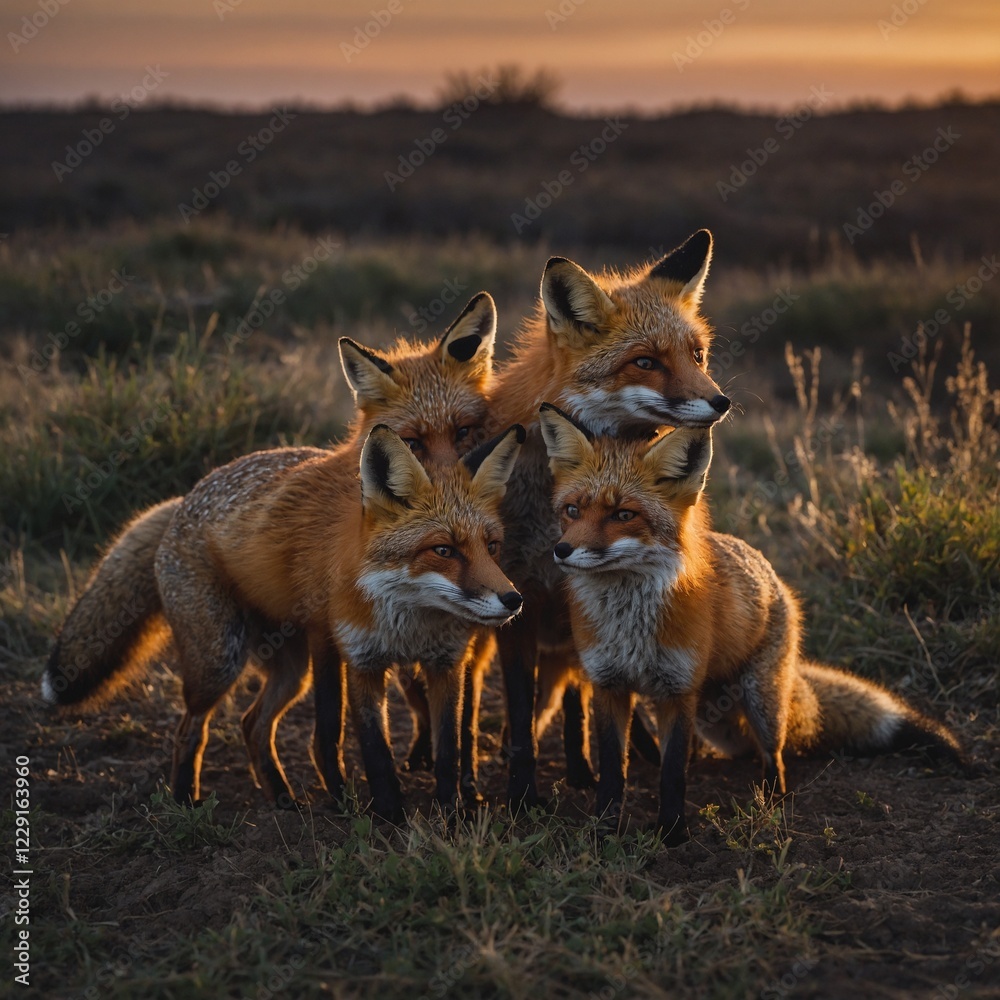 A family of foxes playing near their den under a twilight sky. A family of foxes playing near their den under a twilight sky.