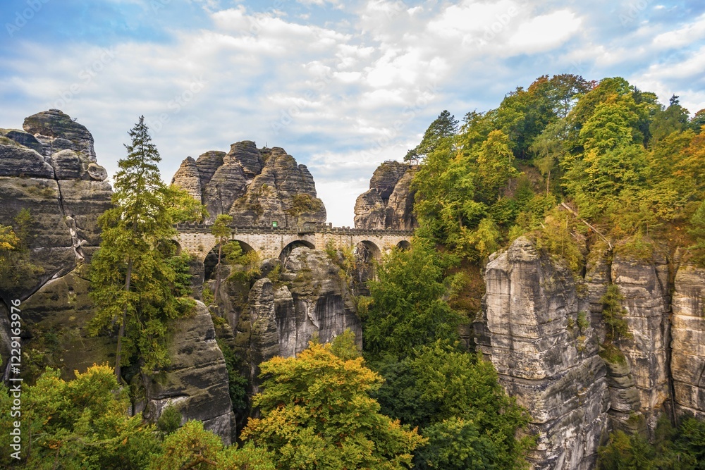 View of Bastei bridge, Bastei, Elbe Sandstone Mountains, Rathen, National Park Saxon Switzerland, Saxony, Germany, Europe View of Bastei bridge, Bastei, Elbe Sandstone Mountains, Rathen, National Park Saxon Switzerland, Saxony, Germany, Europe