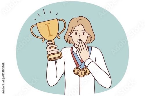 Puzzled woman with cup and medals of winner of sports olympiad covers mouth with hand. Discouraged girl surprised by annulment of competition results due to doping scandal. Flat vector illustration