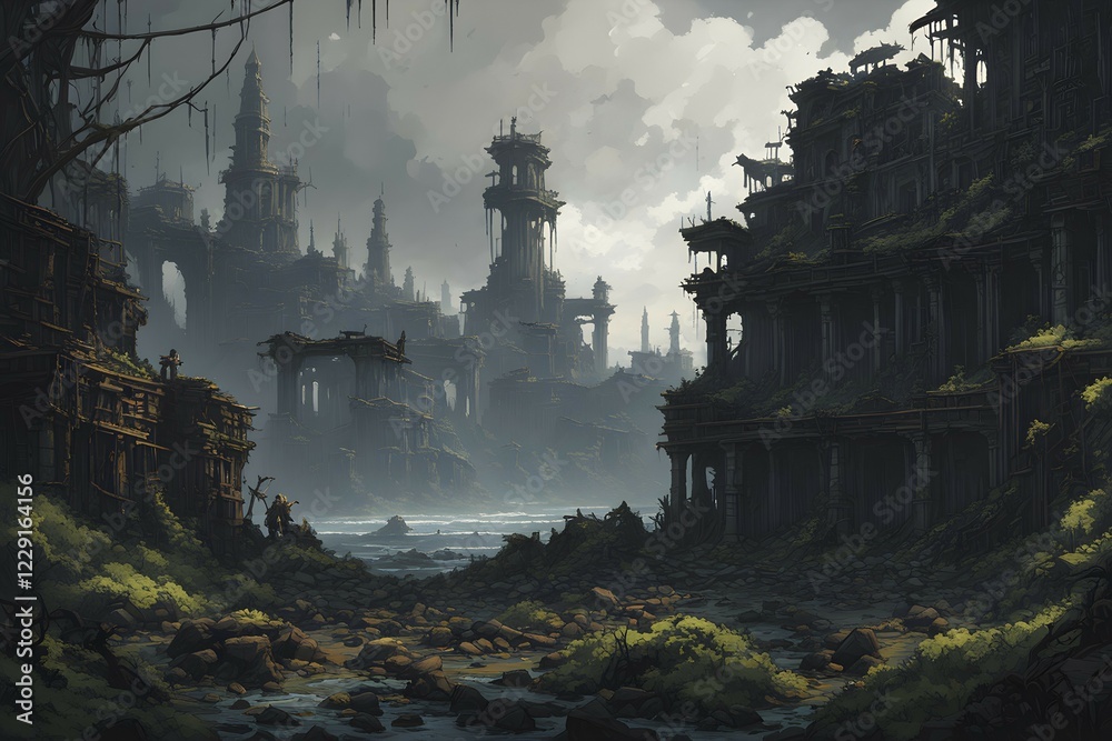 Fototapeta premium Pixel art landscape showcasing post apocalyptic world with ruined city buildings, AI generated
