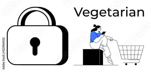 Lock symbol, woman with smartphone sitting near shopping cart, and the text Vegetarian. Ideal for online security, diet, shopping, modern lifestyle, tech-savvy consumer, conscious living barriers to