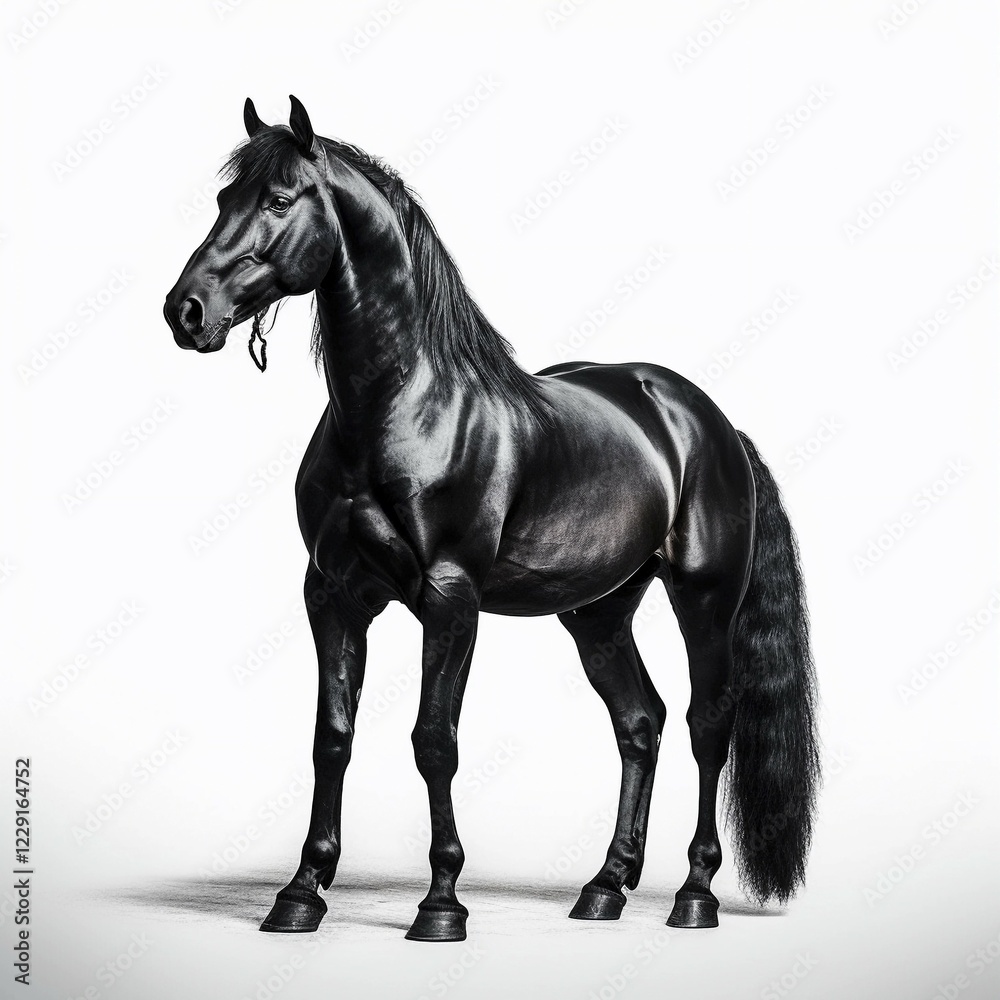 Fototapeta premium Black horse (Equidae), against white background, AI generated