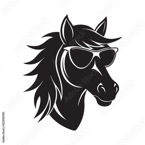 horse head wearing  sunglasses silhouette, black and white silhouette, vector and illustration