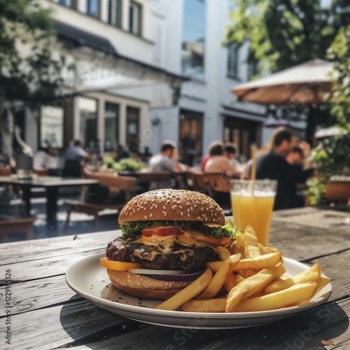 Fototapeta Naklejka Na Ścianę i Meble -  Delicious hamburger with ingredients, in the restaurant, Ai generated