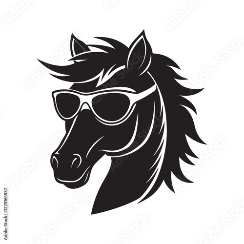 horse head wearing  sunglasses silhouette, black and white silhouette, vector and illustration