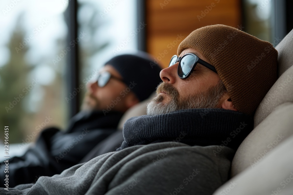 Obraz premium Two men relaxing indoors on a winter day while wearing hats and sunglasses in a cozy setting near a large window