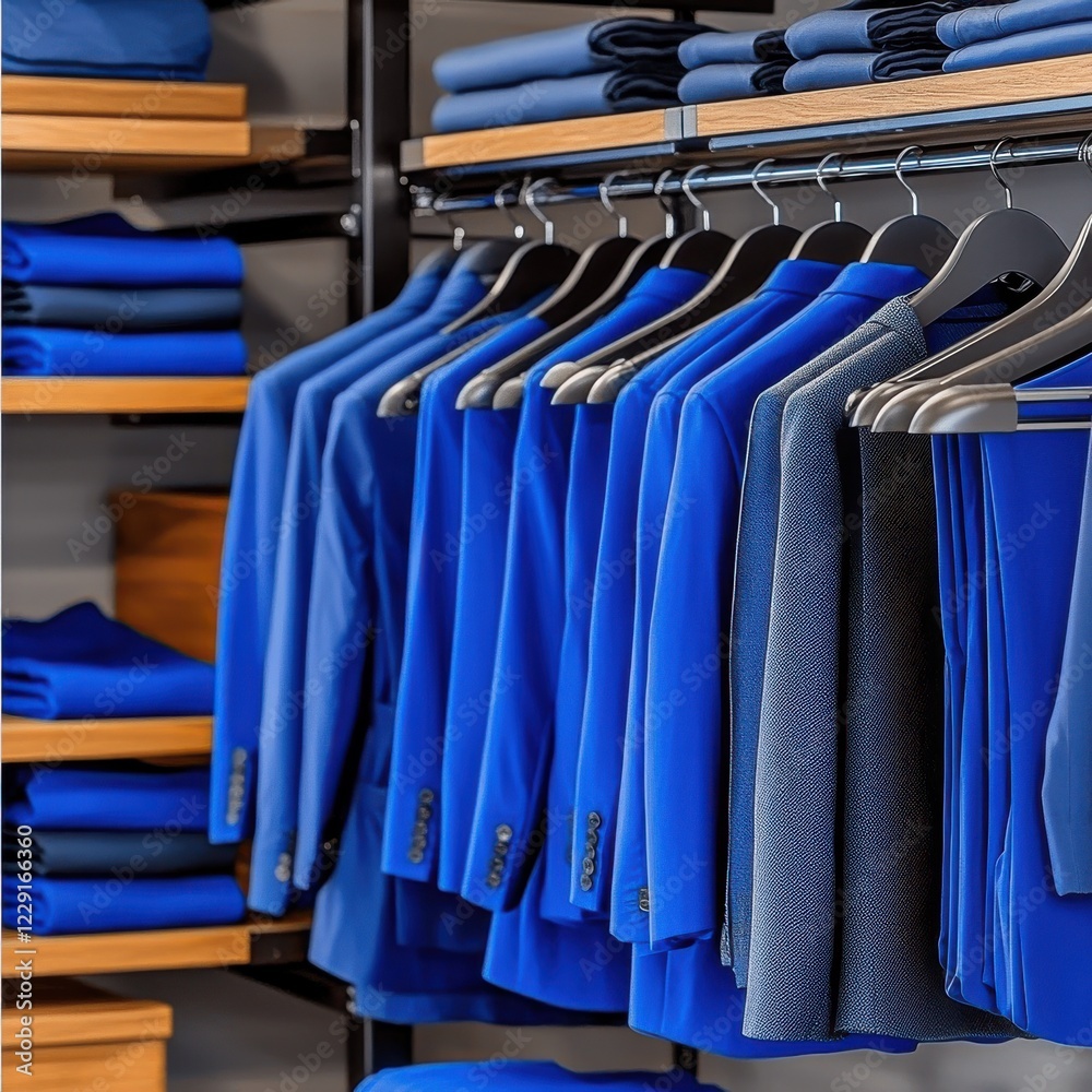 Obraz premium A collection of neatly arranged blue suits in a clothing store.