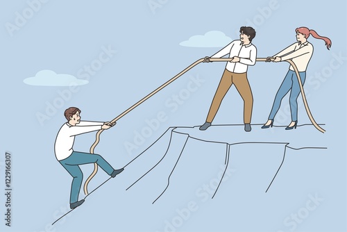 Diverse employees throw rope help colleague climb up hill. Coworkers help person showing support and unity. Concept of teamwork and collaboration at workplace. illustration