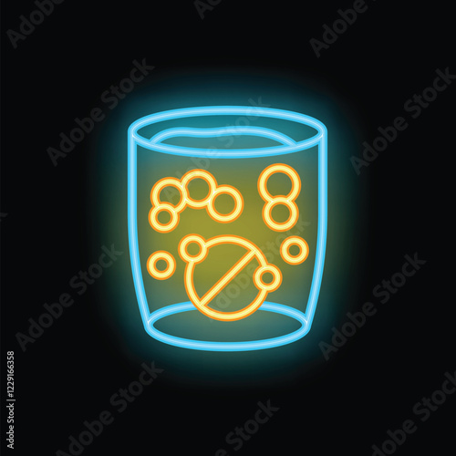 Neon sign depicting a glass of water with an effervescent pill dissolving in it, releasing bubbles
