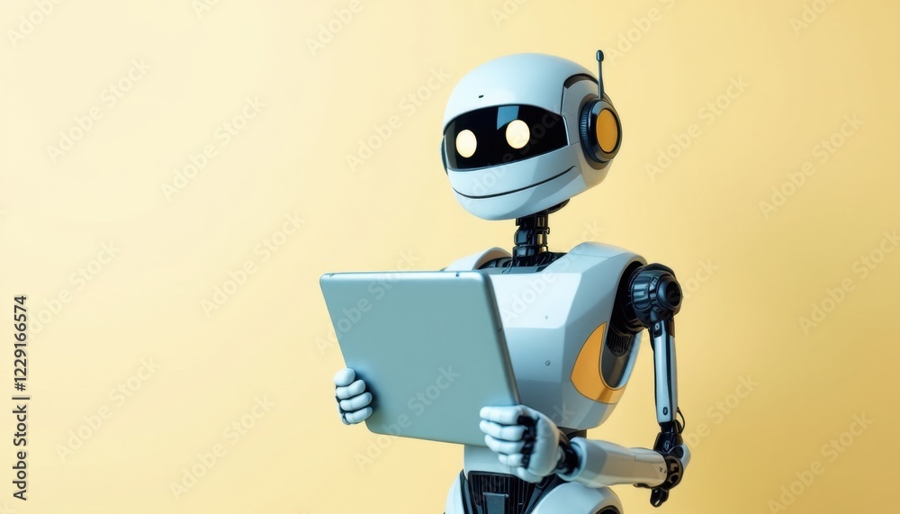 Naklejka premium Robot holding a tablet with a screen in a simple, modern setting.