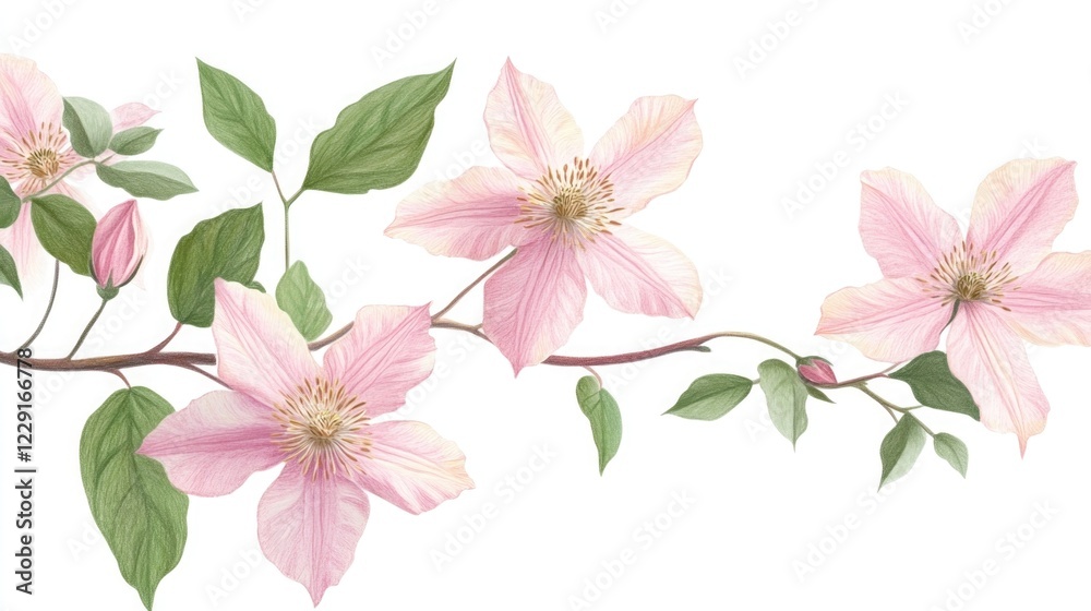 Fototapeta premium Hand Drawn Clematis Floral Illustration: Hand-drawn clematis floral illustration isolated on transparent background.