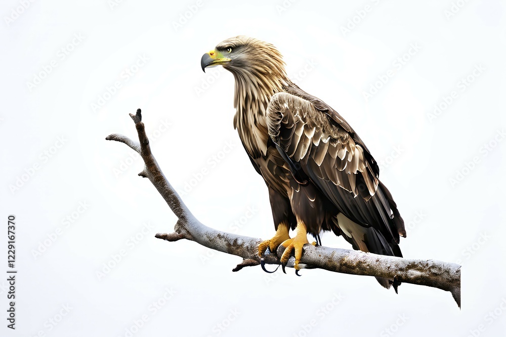 Fototapeta premium White tailed eagle perched on a gnarled branch isolated on white background, AI generated